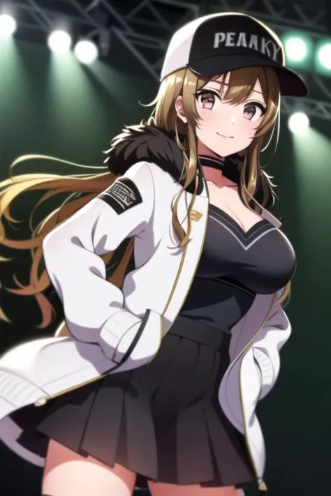 ((masterpiece, best quality)),very detailed, simple eyes,1girl,standing,from below,concert,on stage,yamate kyoko , <lora:kyoko:1> ,peaky p-key,bangs, black clothes,baseball_cap, black_choker, black_skirt, breasts, brown_eyes, choker, cleavage, collarbone, fur-trimmed_coat, fur-trimmed_jacket, fur_trim, light brown hair, hand_in_pocket, hand_on_hip, hat, white jacket, long_hair, long_sleeves, looking_at_viewer,large_breasts, open_clothes, pleated_skirt, skirt, smile, solo, standing, thigh_strap,