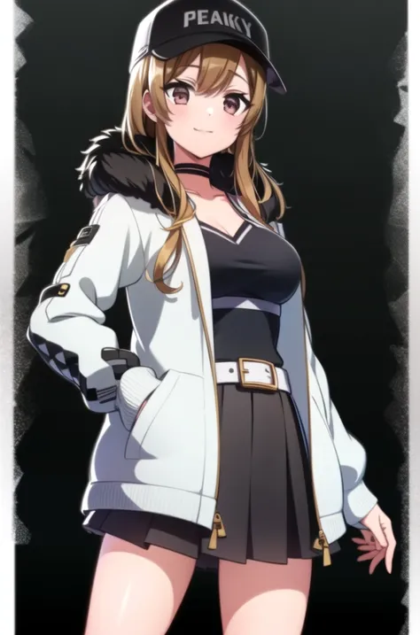 ((masterpiece, best quality)),very detailed, simple eyes,(((1girl))),standing ,hand_in_pocket, hand_on_hip, yamate kyoko , <lora:kyoko:1> ,peaky p-key,bangs,belt, black clothes,baseball_cap, black_choker, black_skirt, breasts, brown_eyes, choker, cleavage, collarbone, fur-trimmed_coat, fur-trimmed_jacket, fur_trim, light brown hair, hat, white jacket, long_hair, long_sleeves, looking_at_viewer,medium_breasts, open_clothes, pleated_skirt, black skirt, smile, solo,thigh_strap,