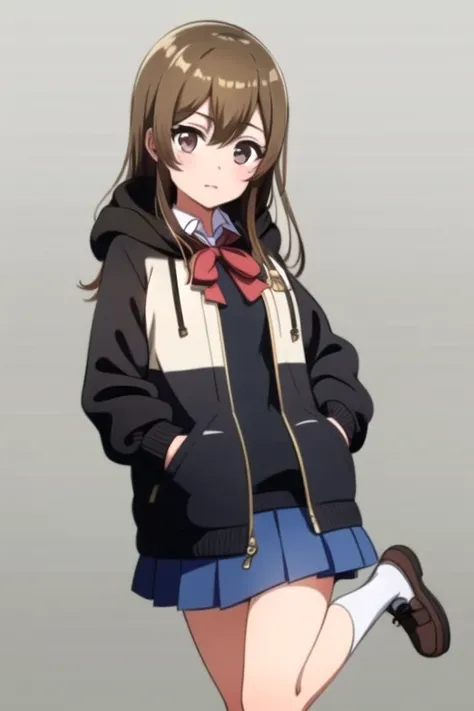 ((masterpiece, best quality)),very detailed, simple eyes,(((1girl))),medium breasts,standing ,yamate kyoko , <lora:kyoko:1>,bangs,black_jacket, blue_skirt, school uniform, brick_floor, brown_eyes, brown_hair,hair_between_eyes, hand_in_pocket, hood, hoodie, light brown hair, jacket, long_hair, looking_at_viewer, open_clothes, open_jacket, pleated_skirt, red_bow, school_uniform, shirt, shoes,kirt, solo, standing_on_one_leg,