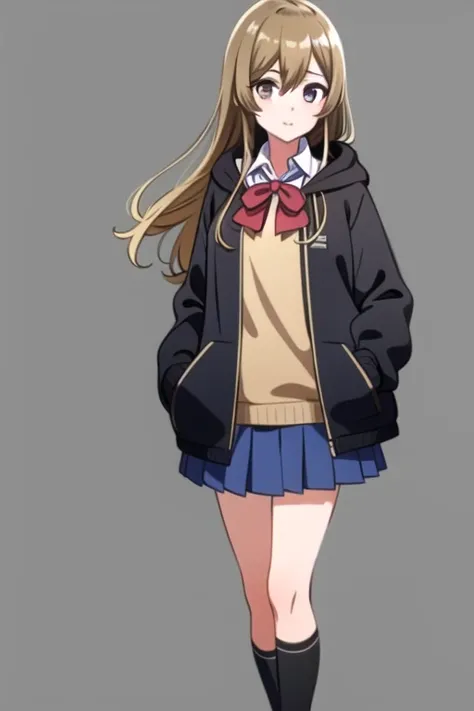 ((masterpiece, best quality)),very detailed, simple eyes,(((1girl))),medium breasts,standing ,yamate kyoko , <lora:kyoko:1>,bangs,black_jacket, blue_skirt, school uniform, brick_floor, brown_eyes, brown_hair,hair_between_eyes, hand_in_pocket, hood, hoodie, light brown hair, jacket, long_hair, looking_at_viewer, open_clothes, open_jacket, pleated_skirt, red_bow, school_uniform, shirt, shoes,kirt, solo, standing_on_one_leg,