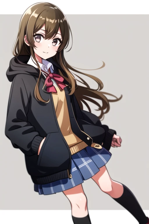 ((masterpiece, best quality)),very detailed, simple eyes,(((1girl))),solo,medium breasts,standing ,yamate kyoko , <lora:kyoko:1>,bangs,black_jacket, blue_skirt, plaid skirt,school uniform, brick_floor, brown_eyes, brown_hair,hair_between_eyes, hand_in_pocket, hood, hoodie, light brown hair, jacket, long_hair, looking_at_viewer, open_clothes, open_jacket, pleated_skirt, red_bow, school_uniform, shirt, shoes