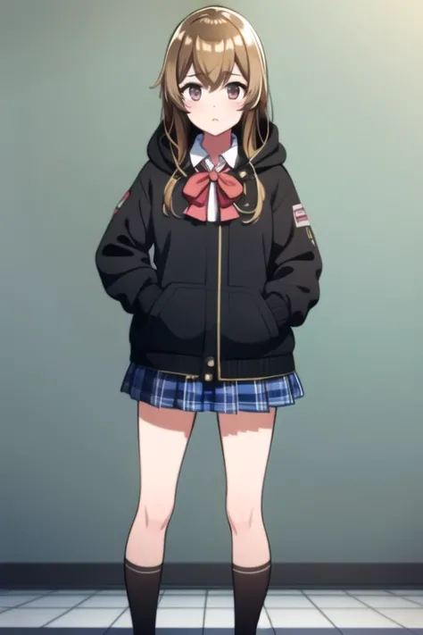((masterpiece, best quality)),very detailed, simple eyes,(((1girl))),solo,medium breasts,standing ,yamate kyoko , <lora:kyoko:1>,bangs,black_jacket, blue_skirt, plaid skirt,school uniform, brick_floor, brown_eyes, brown_hair,hair_between_eyes, hand_in_pocket, hood, hoodie, light brown hair, jacket, long_hair, looking_at_viewer, open_clothes, open_jacket, pleated_skirt, red_bow, school_uniform, shirt, shoes