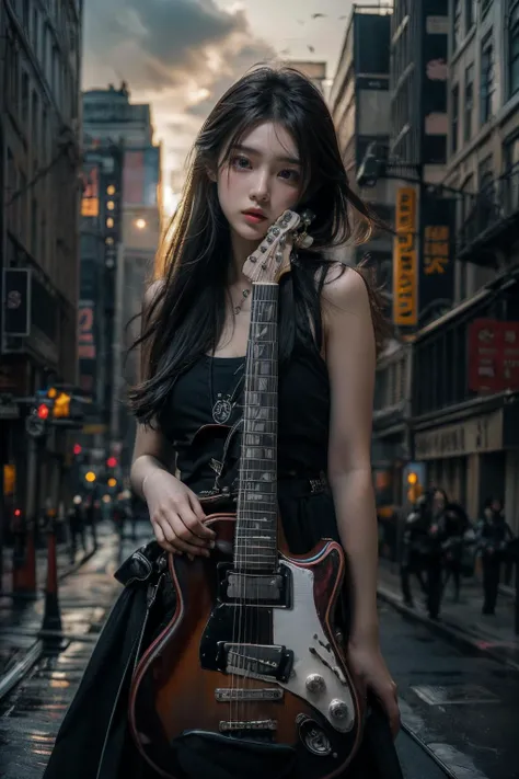 ((parallel world:1.1)), (1girl:1.4), ((guitar:1)),(a girl standing on top of a building next to a black crow, 2d cinematic, rending on cgsociety, band playing, black crow at her feet, the girl plays the guitar, playable trailer, by Yu Zhiding, the metaverse, main character, black shadows, streaming, cats, new york backdrop), romanticism, atmospheric, (RAW photo, best quality), (realistic, photo-realistic:1.3), masterpiece, an extremely delicate and beautiful, extremely detailed, <lora:difConsistency_detail:0.45>, ((upper body:1)),
<lora:oc_v10:0.5:PALETTE> <lora:lowra_v10:0.4> newspaper background, <lora:Newspaper:0.75>