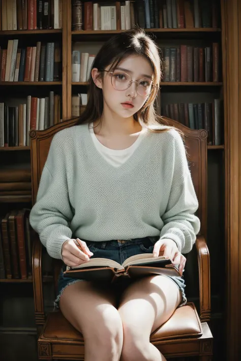 portrait photo of a cute age 20 girl,((Artistic girl wearing glasses:1)), ((girl holding book:1)), ((sitting on chair)),Blue sweater and white skirt, dramatic angle, ((bondage)), (Glowing ambiance, enchanting radiance, luminous lighting, ethereal atmosphere, mesmerizing glow, evocative hues, captivating coloration, dramatic lighting, enchanting aura), (masterpiece:1.2), and (best quality:1.2) and (photorealistic:1.4) and (Realistic:1.4) and Detailed Skin Textures and detailed skin pores, 1girl,lib_bg,french twist,nsfw,High waisted shorts, blouse, and wedges.,unfastened <lora:libbg_v11:1>
