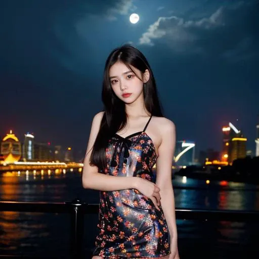 realistic,photorealistic,masterpiece,best quality,dark shot,(photo of portrait:1.2),cowbody shot,1girl,solo,looking at viewer,long black hair,([:see-through:4]:1.2) (colorful:1.2) cns_dress,(floral print:1.2),standing by a river,dynamic pose,(shanghai:1.2),water,colorful cloud,incredible beautiful sky,netural lighting,dynamic Angle,neon,moon,bokeh,Chiaroscuro,very small milk,