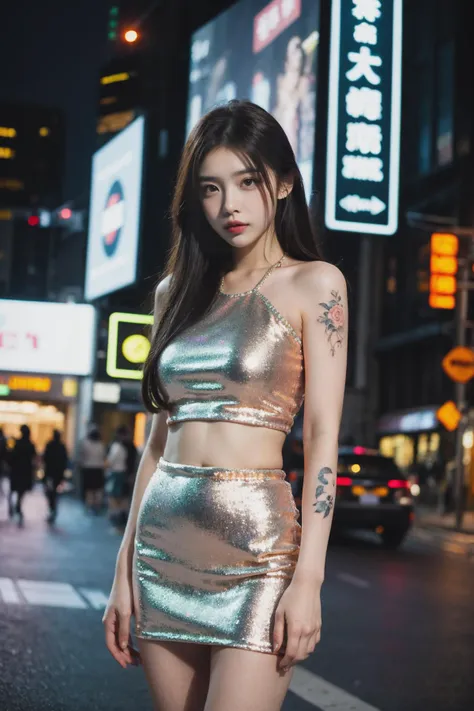 realistic, photorealistic, masterpiece, best quality, solo focus, dark shot, 1girl, hanfu, (sparkly sequins:1.2) pencil skirt, (floral tattoo:1.2), miniskirt, real world location, photo background, long hair, photo inset, street, midriff, road, bracelet, city, brown hair, solo, jewelry, outdoors, entangled, (intricate billboards, neon:1.2), shanghai, (blurry foreground:1.4), (aesthetics and atmosphere:1.2),
