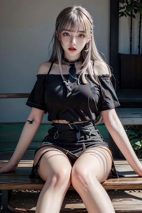 <lora:GoodHands-vanilla:1>,(perfect hands, perfect anatomy),((masterpiece)),((best quality)),ultra-detailed,illustratio,Explicit,nsfw,Beautiful body,Beautiful Nose,Beautiful character design,perfect eyes,perfect face,wallpaper,ultra highres,8K,photography,(natural pose:1.5),(detailed beautiful skin:1.5),(beautiful detailed face:1.2),(finely detailed beautiful eyes:1.2),(beautiful legs, perfect legs),<lora:epi_noiseoffset2:1>,<lora:VeryLongLegs_v2:0.38>,(very_long_legs:0.7),aanozomi,long hair,streaked hair,hair ornament,hair bow,polka dot,hair flower,ear piercing,earrings,heterochromia,off shoulder,choker,necktie,red shirt,short sleeves,bandages,midriff,black belt,plaid skirt,red skirt,black shorts,chain,thigh strap,fishnet pantyhose,<lora:ishigami_nozomi_v1:0.7>,sitting,outdoors,bench,food,eating,open mouth,