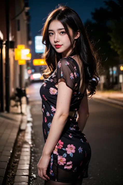 realistic, RAW photo, dslr, film grain, Fujifilm XT3, night shot, 1girl, goddess women,curly hair,  long hair, silver hair,thigh, ([:see-through:4]:1.2)  black dress, (floral print:1.2),black pantyhose,(deserted street), Backlit ,Bokeh ,Contrast Filters,(smile:0.8),from side,looking at viewer,