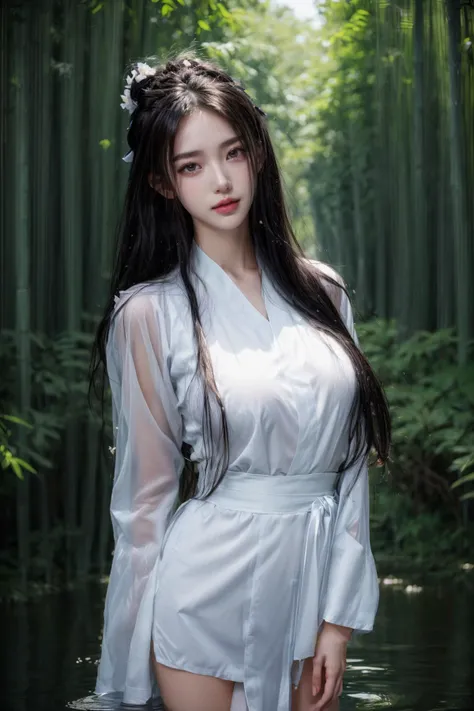 (masterpiece),(best quality:1),(ultra highres:1),wallpaper,detailed illustration, high detailed skin, ((glossy skin)), shiny skin, (white skin:1.3), (pale skin:1.3),(finely detailed beautiful eyes:1.2),perfect ligthing,(front focus),<lora:add_detail:1>,<lora:epi_noiseoffset2:1>,<lora:VeryLongLegs_v2:0.4>,(very_long_legs:0.8),(idolmaster shiny colors,straight black hair,absurdly long hair:1.5), <lora:Aleksandrina:0.45>,1girl,((water,water ring)),solo,water,grey eyes,(Hanfu,kimono:1.2),alternate hairstyle,light smile,hair ornament,braided hair,wide sleeves,long sleeves,lips,parted lips,art by artgerm and ruan jia and greg rutkowski surreal painting,detailed,skin texture,hyper-detailed,realistic skin texture,(gigantic breasts:0.9),illumination stars \(idolmaster\),bamboo forest,
