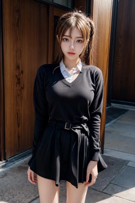 <lora:GoodHands-vanilla:1>,(perfect hands, perfect anatomy),((masterpiece)),((best quality)),ultra-detailed,illustratio,Explicit,nsfw,Beautiful body,Beautiful Nose,Beautiful character design,perfect eyes,perfect face,wallpaper,ultra highres,8K,photography,(natural pose:1.5),(detailed beautiful skin:1.5),(beautiful detailed face:1.2),(finely detailed beautiful eyes:1.2),(beautiful legs, perfect legs),<lora:VeryLongLegs_v2:0.38>,(very_long_legs:0.8),<lora:add_detail:1>,<lora:epi_noiseoffset2:1>,aahayasaka,side ponytail,medium breasts,necklace,collared shirt,(black sweater:1.1),long sleeves,clothes around waist,black skirt,<lora:hayasaka_ai_v2:0.7>,smile,cowboy shot,standing,outdoors,