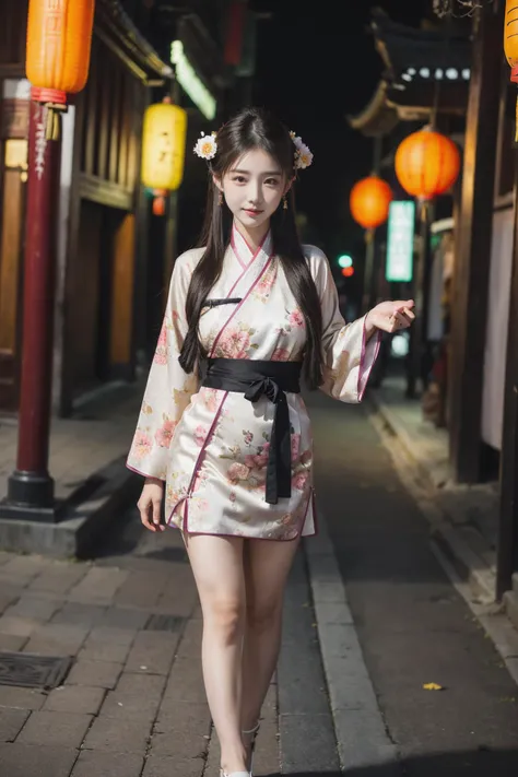 masterpiece, best quality, official art, extremely detailed CG unity 8k wallpaper, ultra high res, professional photography, sharp focus, HDR, 8K resolution, intricate detail, sophisticated detail, depth of field, analogue RAW DSLR, photorealistic, dynamic angle, EOS R8, 50mm, 1girl, (petite),large breasts, thigh, (floral print,colorful hanfu:1.3), intricate clothes, revealing clothes, pantyhose, high heels,kpop idol, (closed smile:0.8), natural skin texture, realistic pores skin, (aesthetics and atmosphere:1.2), summer, Full body, ancient, (chang'an: a bustling city of ancient china:1.3), red lantern, night,path,