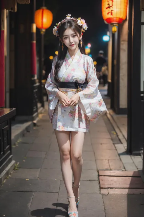 masterpiece, best quality, official art, extremely detailed CG unity 8k wallpaper, ultra high res, professional photography, sharp focus, HDR, 8K resolution, intricate detail, sophisticated detail, depth of field, analogue RAW DSLR, photorealistic, dynamic angle, EOS R8, 50mm, 1girl, (petite), thigh, (floral print,colorful hanfu:1.3), intricate clothes, revealing clothes, pantyhose, high heels, kpop idol makeup, (closed smile:1.2), natural skin texture, realistic pores skin, (aesthetics and atmosphere:1.2), summer, Full body, ancient, (chang'an: a bustling city of ancient china:1.3), red lantern, night,path,