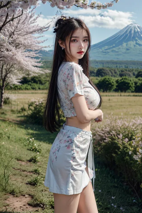 (masterpiece),(best quality:1),(ultra highres:1),wallpaper,detailed illustration,detailed beautiful skin,dewy skin,sweaty skin,perfect ligthing,(front focus),<lora:add_detail:1>,<lora:epi_noiseoffset2:1>,<lora:VeryLongLegs_v2:0.4>,(very_long_legs:0.8),(torn pantyhose:1),(idolmaster shiny colors,Cowboy Shot,topless,straight black hair,absurdly long hair:1.5),<lora:ThaiDollLikeness_v10:0.45>,((1girl, skirt, solo, double bun, jewelry, hair ornament, earrings, long hair, shirt, looking at viewer, flower, tree, outdoors, hair flower, white shirt, red skirt, ribbon, mountain, short sleeves, brown hair, parted lips, day, floral print, brown eyes, bangs, neck ribbon, breasts, high-waist skirt, sky, collared shirt, cowboy shot, standing, star (symbol), red ribbon, blue sky, red neckwear, star earrings, red flower, pleated skirt, blush, medium breasts, sidelocks, shirt tucked in, cloud, mountainous horizon, grass, dress shirt, makeup, eyebrows visible through hair, buttons, lips, print skirt, road, black hair, nature, smile, large breasts, wing collar, lipstick, tented shirt, field, orange eyes, red lips, school uniform, path, medium skirt, eyelashes, scenery, flower earrings, against tree, white flower, miniskirt, teeth, yellow eyes, bow, cloudy sky, see-through, leaf, hair between eyes, arms at sides, dutch angle, yellow flower, crescent earrings, very long hair, forest, white blouse, plant, blouse, arm at side, thighs, pink lips, glint, see-through silhouette, hair intakes, star hair ornament, meadow, cherry blossom print, fingernails, bowtie, mount fuji))