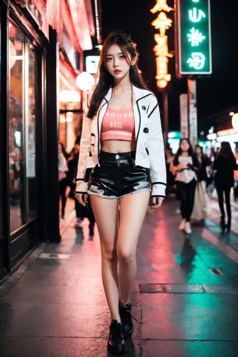 1girl, thighs gap, revealing clothes, makeup, Pedestrian Street, shop, night, neon,
<lora:more_details:0.1>,