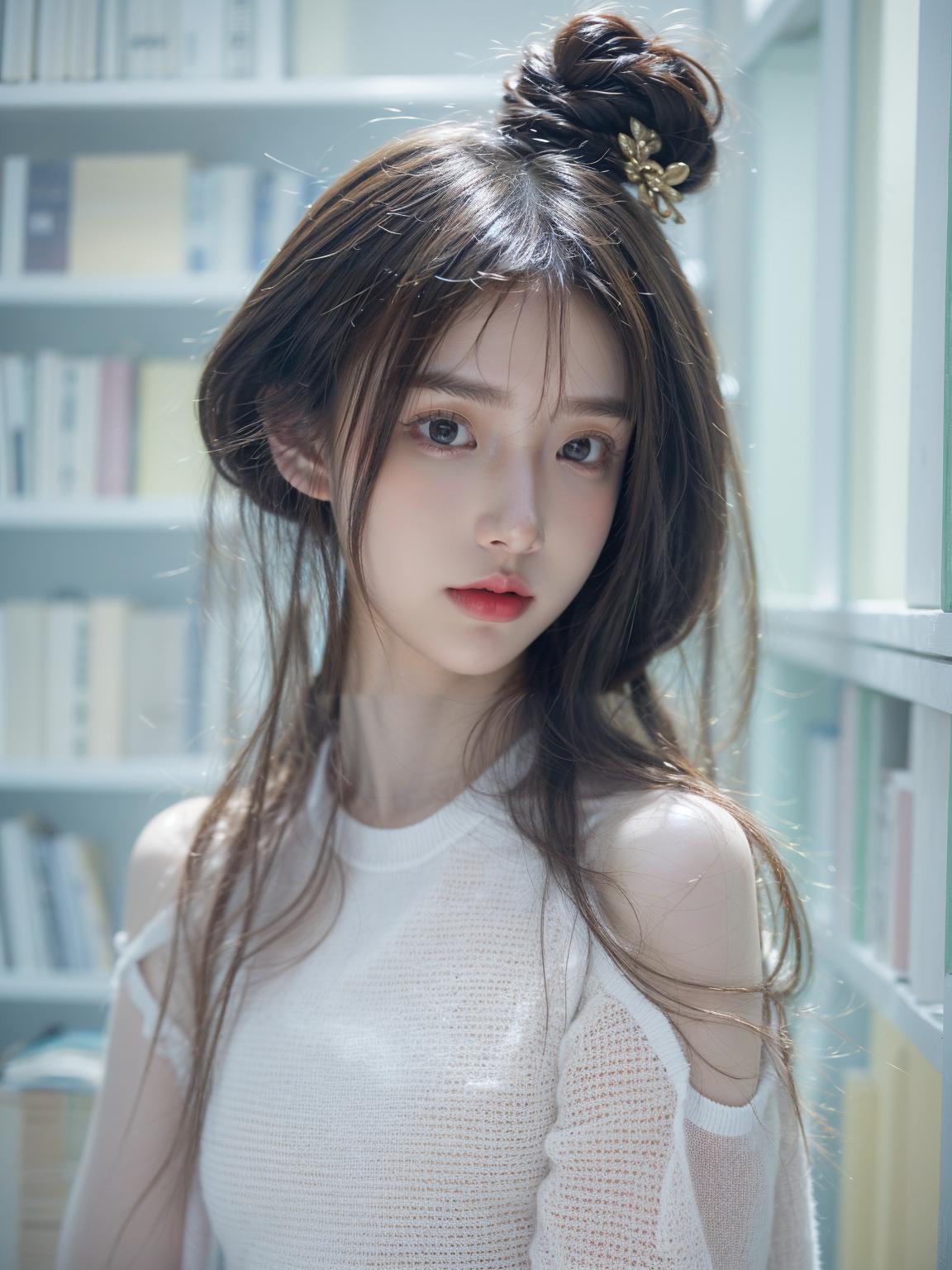 A woman with long hair and a white top standing in front of a book ...