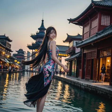 realistic, photorealistic, masterpiece, best quality, dark shot, 1girl, solo, smile, looking at viewer, long black hair, [:see-through:4] cns_dress, standing by a river, dynamic pose, (china jiangnan water town style:1.1), water, colorful, incredible beautiful sky, netural lighting, dynamic Angle, vivid colors, neon,