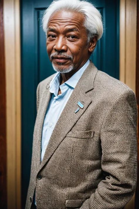 RAW photo, 60 yo old man, african elderly, color man,wrinkled skin, suit, (high detailed skin:1.2), 8k uhd, dslr, soft lighting, high quality, film grain, Fujifilm XT3,