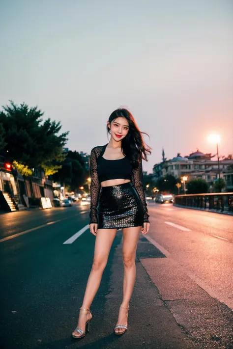 35mm photograph, film, bokeh, professional, 8k, highly detailed,,1girl, milf, bare pectorals, thigh, [:see-through:4] intricate clothes, (sparkly:1.2) skirt, balck pantyhose, high heels, kpop idol makeup, (closed smile:1.2), natural skin texture, realistic pores skin, (aesthetics and atmosphere:1.2), summer, street, Full body, sunset, (incredible sky:1.2), (Istanbul: a city with ancient civilization in turkey:1.5), <lora:reallora1:0.6> <lora:HongKong_20230711220128:0.6>