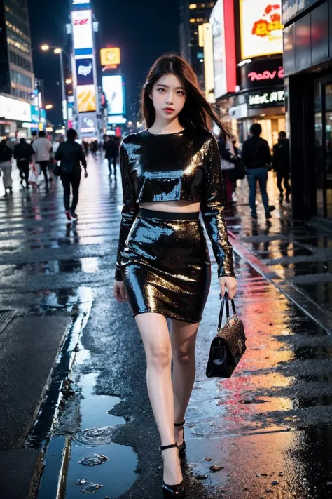 Best Quality, Masterpiece, Ultra High Resolution, (Realisticity:1.4), Original Photo, Cinematic Lighting, night shot, 1girl, full body, (sparkly:1.3) sequins dress, pencil skirt, thigh, red bow, street, after rain, wet, (deserted street:1.4), crossroads, zebra crossing, times square, new york, raytraced reflection, dynamic Angle, (bokeh:1.2), depth of field, incredible sky, looking up to the sky, (aesthetics and atmosphere:1.2),