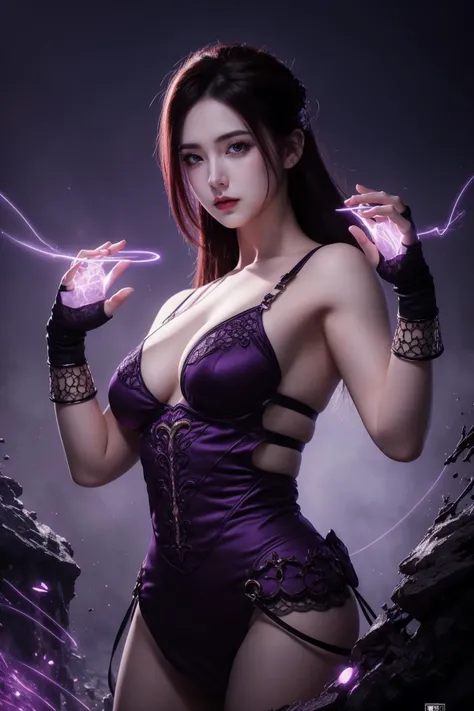 concept art, Thought-Provoking Aunt of Blood, intricate details, JoJo pose, Straps, Rings, Gloves, Low shutter, Violet power aura, most beautiful artwork in the world, aesthetics, atmosphere,