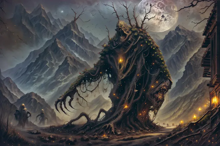 Role-playing game (RPG) style fantasy a living plant coming out of the ground, mountains in the background, moon and starlight, fireflies <lora:Plantas-10:0.8> <lora:g0s1 - Ghost:0.8> g0s1 <lora:weird_reelhorror141:0.8> reelhorror . Detailed, vibrant, immersive, reminiscent of high fantasy RPG games