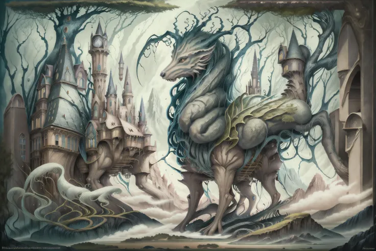 ((best quality)), ((masterpiece)), (detailed), (enchanting building:1.4), (majestic mountains:1.3), (mythical creatures:1.3), (fantasy realm:1.4), (vivid colors:1.2), (mysterious ambiance:1.3)
Drawing inspiration from the works of J.R.R. Tolkien and the majestic landscapes captured by Ansel Adams, we frame this scene with a sweeping wide-angle shot. The camera angle captures the magical building nestled amidst the towering mountains, while mythical creatures roam the enchanting surroundings. The composition emphasizes the grandeur of this fantastical world, inviting viewers to explore its mysteries. <lora:surrealismai:0.8> surrealismai <lora:Plantas:0.8>