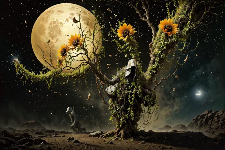 Hyperrealistic art a lush landcape, huge glowing mushrooms, giant flowers, creatures gathering pollen from the flowers, one sun, three moons, starlit sky, a ghastly figure moving between the flora, <lora:Plantas-10:0.8> <lora:g0s1 - Ghost:0.8> g0s1 . Extremely high-resolution details, photographic, realism pushed to extreme, fine texture, incredibly lifelike