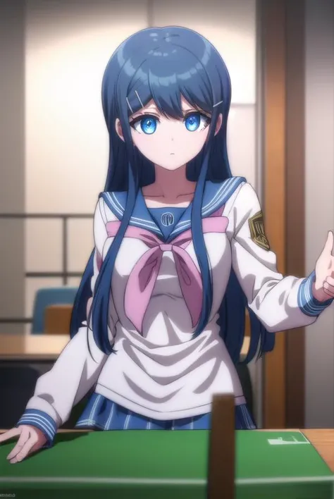 sayakamaizono, <lora:sayaka maizono s1-lora-nochekaiser:1>,
sayaka maizono, long hair, bangs, blue eyes, hair ornament, blue hair, hairclip,
BREAK long sleeves, bow, school uniform, collarbone, serafuku, bowtie, sailor collar, pink bow,
BREAK indoors, classroom,
BREAK looking at viewer, (cowboy shot:1.5),
BREAK <lyco:GoodHands-beta2:1>, (masterpiece:1.2), best quality, high resolution, unity 8k wallpaper, (illustration:0.8), (beautiful detailed eyes:1.6), extremely detailed face, perfect lighting, extremely detailed CG, (perfect hands, perfect anatomy),