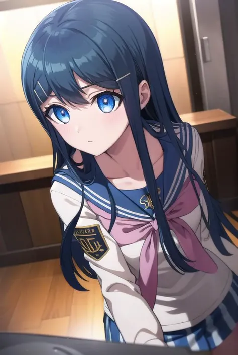 sayakamaizono, <lora:sayaka maizono s1-lora-nochekaiser:1>,
sayaka maizono, long hair, bangs, blue eyes, hair ornament, blue hair, hairclip,
BREAK long sleeves, bow, school uniform, collarbone, serafuku, bowtie, sailor collar, pink bow,
BREAK indoors, classroom,
BREAK looking at viewer, (cowboy shot:1.5),
BREAK <lyco:GoodHands-beta2:1>, (masterpiece:1.2), best quality, high resolution, unity 8k wallpaper, (illustration:0.8), (beautiful detailed eyes:1.6), extremely detailed face, perfect lighting, extremely detailed CG, (perfect hands, perfect anatomy),