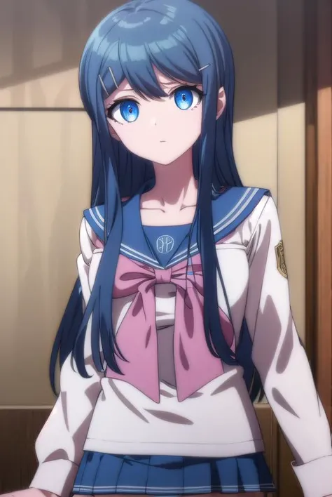 sayakamaizono, <lora:sayaka maizono s1-lora-nochekaiser:1>,
sayaka maizono, long hair, bangs, blue eyes, hair ornament, blue hair, hairclip,
BREAK long sleeves, bow, school uniform, collarbone, serafuku, bowtie, sailor collar, pink bow,
BREAK indoors, classroom,
BREAK looking at viewer, (cowboy shot:1.5),
BREAK <lyco:GoodHands-beta2:1>, (masterpiece:1.2), best quality, high resolution, unity 8k wallpaper, (illustration:0.8), (beautiful detailed eyes:1.6), extremely detailed face, perfect lighting, extremely detailed CG, (perfect hands, perfect anatomy),
