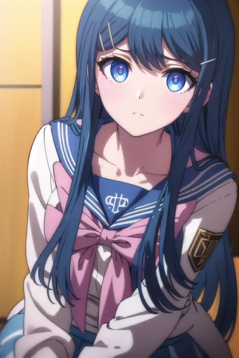 sayakamaizono, <lora:sayaka maizono s1-lora-nochekaiser:1>,
sayaka maizono, long hair, bangs, blue eyes, hair ornament, blue hair, hairclip,
BREAK long sleeves, bow, school uniform, collarbone, serafuku, bowtie, sailor collar, pink bow,
BREAK indoors, classroom,
BREAK looking at viewer, (cowboy shot:1.5),
BREAK <lyco:GoodHands-beta2:1>, (masterpiece:1.2), best quality, high resolution, unity 8k wallpaper, (illustration:0.8), (beautiful detailed eyes:1.6), extremely detailed face, perfect lighting, extremely detailed CG, (perfect hands, perfect anatomy),