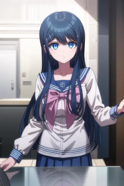 sayakamaizono, <lora:sayaka maizono s1-lora-nochekaiser:1>,
sayaka maizono, long hair, bangs, blue eyes, hair ornament, blue hair, hairclip,
BREAK long sleeves, bow, school uniform, collarbone, serafuku, bowtie, sailor collar, pink bow,
BREAK indoors, classroom,
BREAK looking at viewer, (cowboy shot:1.5),
BREAK <lyco:GoodHands-beta2:1>, (masterpiece:1.2), best quality, high resolution, unity 8k wallpaper, (illustration:0.8), (beautiful detailed eyes:1.6), extremely detailed face, perfect lighting, extremely detailed CG, (perfect hands, perfect anatomy),