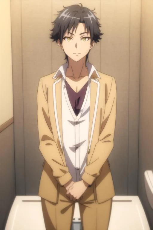 masterpiece, best quality, photorealistic, 1boy, solo, male focus, looking at viewer, , depth of field, anime coloring, realistic, <lora:masato_sanada:0.80>, masato_sanada, black hair, yellow eyes, deer costume, toilet stall, HD