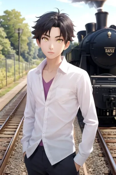 masterpiece, best quality, sketch, 1boy, solo, male focus, looking at viewer, , depth of field, , , <lora:masato_sanada:0.68>, masato_sanada, black hair, yellow eyes, , railroad tracks, HD
