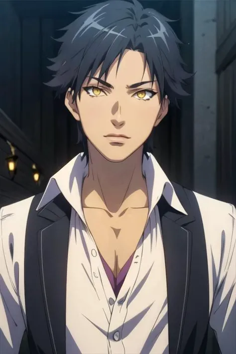masterpiece, best quality, illustration, 1boy, solo, male focus, looking at viewer, upper body, depth of field, anime coloring, realistic, <lora:masato_sanada:0.80>, masato_sanada, black hair, yellow eyes, , biopunk, HDR