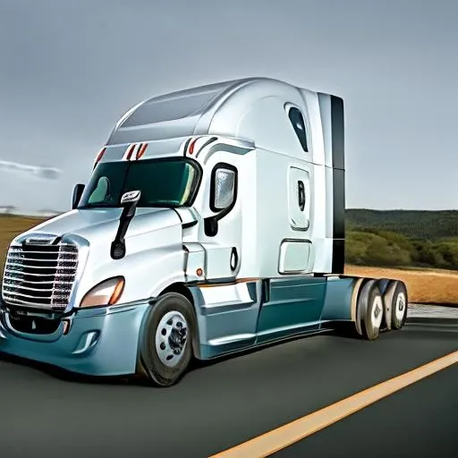 <lora:Freightliner_Cascadia_2023:1> a Freightliner semi truck driving on a back road