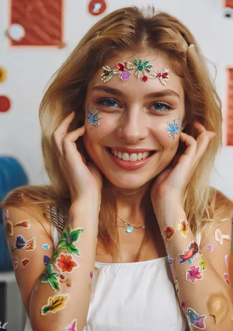 Nathalie Portmann, 25 ans, seductive look, sourire romantique, fine, brune, yeux verts, masterclass, 8K, UHD, HD, High quality, sexy, dans un atelier de peinture, topless, bodypainting, great wave of hokusai on the body