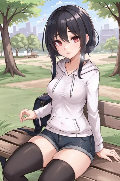 (Masterpiece:1.2), (best quality:1.2), intricate details, ultra detailed, 1girl, black hair, red eyes, hoodie, short shorts, thighhighs, outdoors, trees, park, sitting, bench, <lora:DarkCafStyleMix-v1.0:0.9>