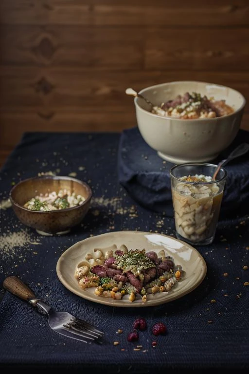 <lora:Yummy:1>, yummy a plate of food with a fork and knife, beautiful light, studio light, masterpiece