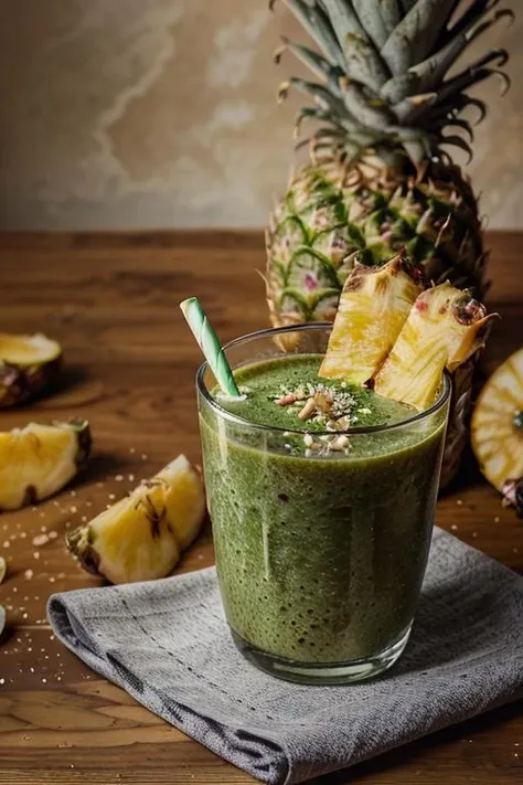 <lora:Yummy:1>, yummy a glass of green smoothie with a pineapple on the side, beautiful light, studio light, masterpiece