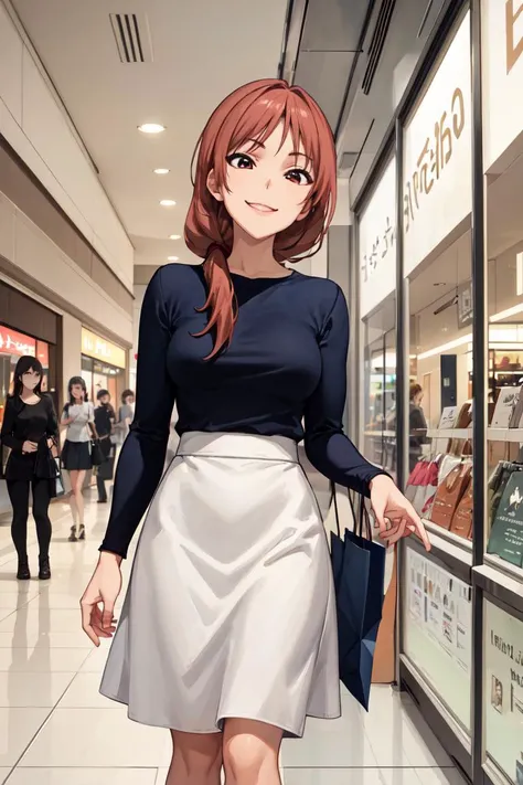 masterpiece, best quality, absurdres, perfect anatomy, 1girl, solo, YoshieHanabatake, long hair, high-waist skirt, long skirt, white skirt, black shirt, long sleeves, smile, standing, indoors, shopping mall, <lora:YoshieHanabatake-000006:1>