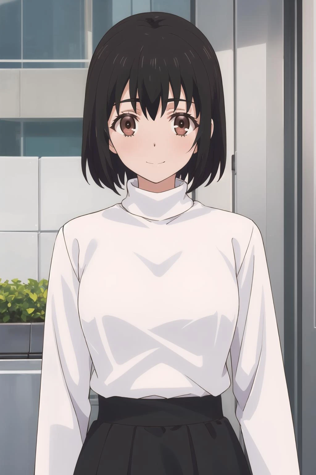 <lora:Kotone_OF:1> kotonedef, black hair, short hair, brown eyes, looking at viewer, 
standing, arms at sides, upper body, turtleneck, long sleeves, black shirt, white skirt, light smile, 
masterpiece, best quality,