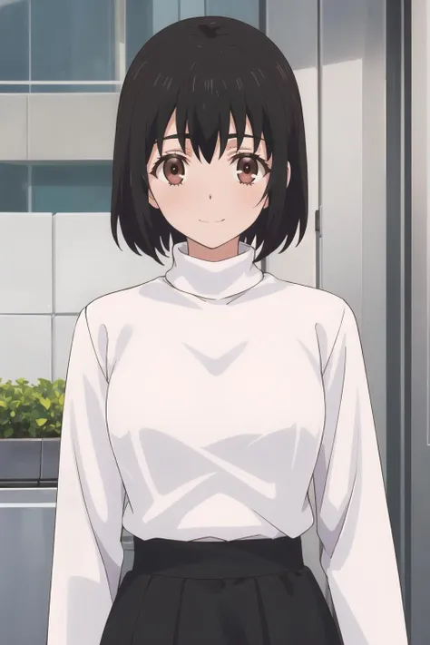 <lora:Kotone_OF:1> kotonedef, black hair, short hair, brown eyes, looking at viewer,
standing, arms at sides, upper body, turtleneck, long sleeves, black shirt, white skirt, light smile,
masterpiece, best quality,