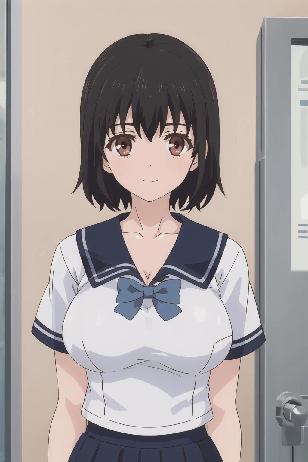 <lora:Kotone_OF:1> kotonedef, black hair, short hair, brown eyes, looking at viewer,
standing, arms at sides, upper body, breasts, skirt, large breasts, bow, school uniform, collarbone, short sleeves, pleated skirt, serafuku, sailor collar, blue skirt, blue bow, light smile,
masterpiece, best quality,