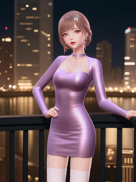 SYNNmimengye, 1girl, solo, jewelry,purple eyes, brown hair, earrings, breasts,white thighhighs, necklace,hair ornament,bangs, short hair, long sleeves, purple dress,  <lora:SYNNmimengye:0.75>,cityscape, night,looking at viewer, mature female, hand on hip, obesity,