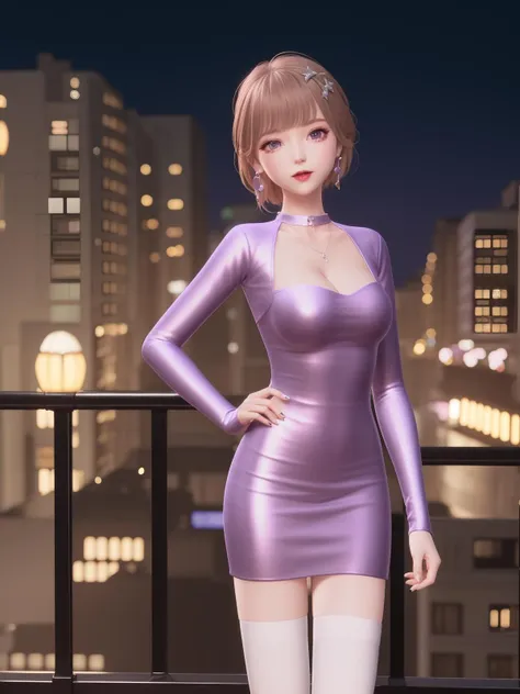 SYNNmimengye, 1girl, solo, jewelry,purple eyes, brown hair, earrings, breasts,white thighhighs, necklace,hair ornament,bangs, short hair, long sleeves, purple dress, <lora:SYNNmimengye:0.75>,cityscape, night,looking at viewer, mature female, hand on hip, obesity,