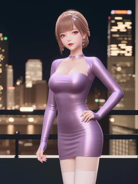 SYNNmimengye, 1girl, solo, jewelry,purple eyes, brown hair, earrings, breasts,white thighhighs, necklace,hair ornament,bangs, short hair, long sleeves, purple dress, <lora:SYNNmimengye:0.75>,cityscape, night,looking at viewer, mature female, hand on hip, obesity,
