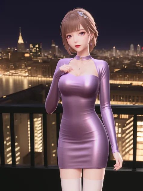 SYNNmimengye, 1girl, solo, jewelry,purple eyes, brown hair, earrings, breasts,white thighhighs, necklace,hair ornament,bangs, short hair, long sleeves, purple dress, <lora:SYNNmimengye:0.75>,cityscape, night,looking at viewer, mature female, hand on hip, obesity,