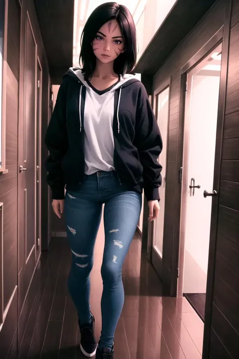 Highly detailed, High Quality, Masterpiece, beautiful, <lora:ClassicKaisa-09:1>, cckaisari, 1girl, solo, standing, jeans, denim shorts, black pants, hoodie, black hoodie, full body, indoors, facial mark,