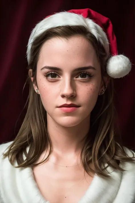 masterpiece, stunning closeup portrait photo of ewt, wearing santa hat, 8k uhd, dslr, bright lighting, high quality, film grain, Fujifilm XT3